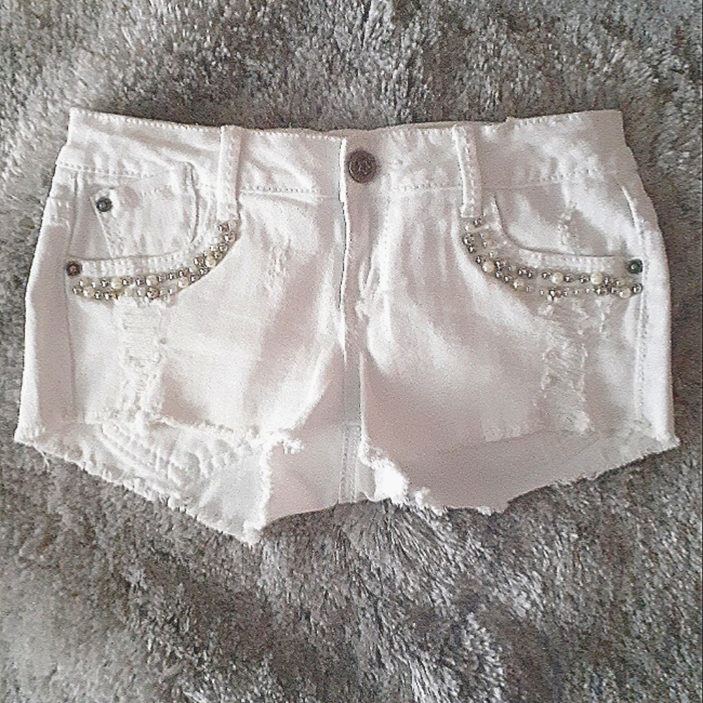 White Embellished Distressed  Shorts